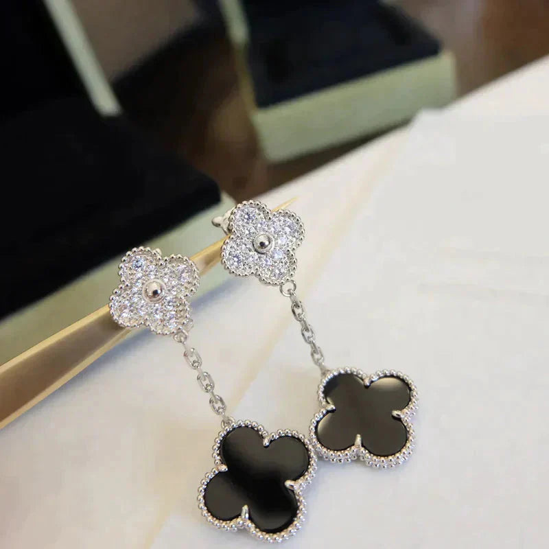 ¡®Imperial¡¯CLOVER 2 MOTIFS  DIAMOND ONYX EARRINGS SILVER