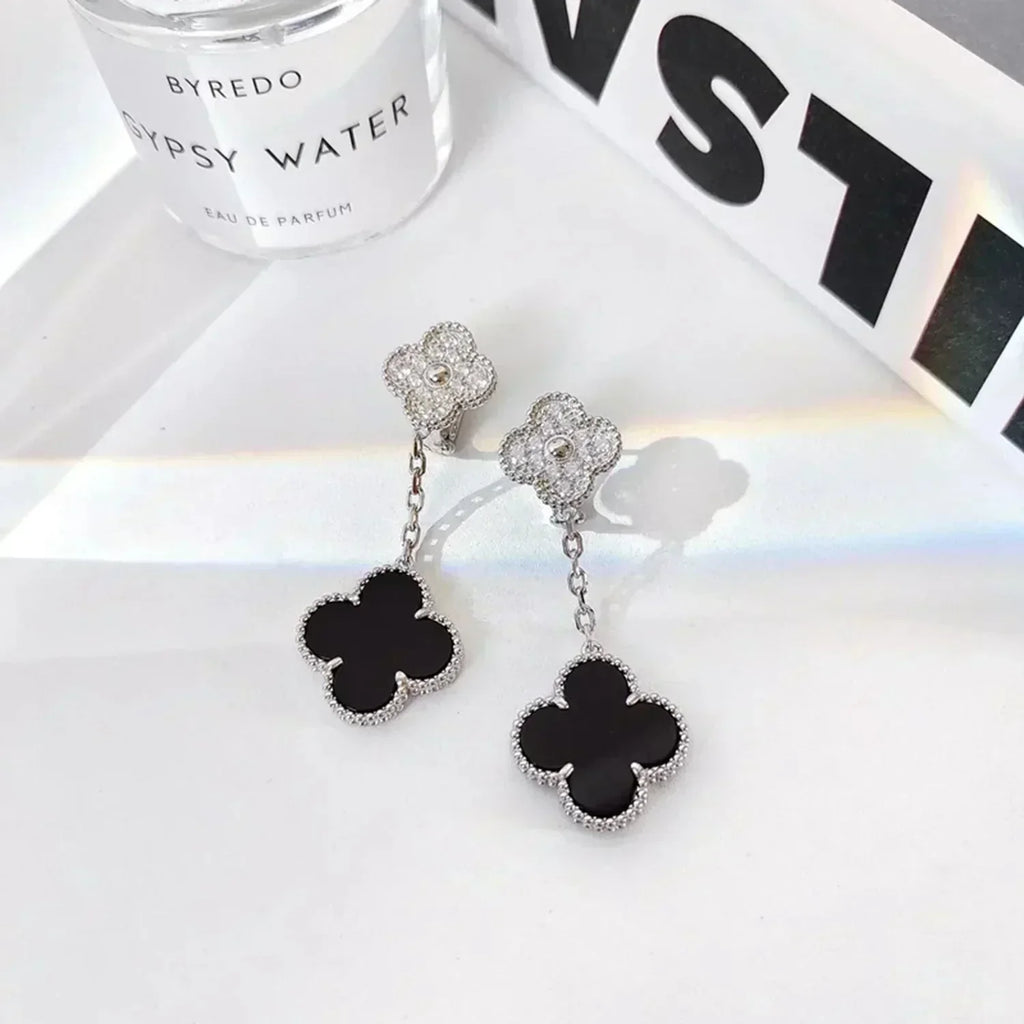 ¡®Imperial¡¯CLOVER 2 MOTIFS  DIAMOND ONYX EARRINGS SILVER