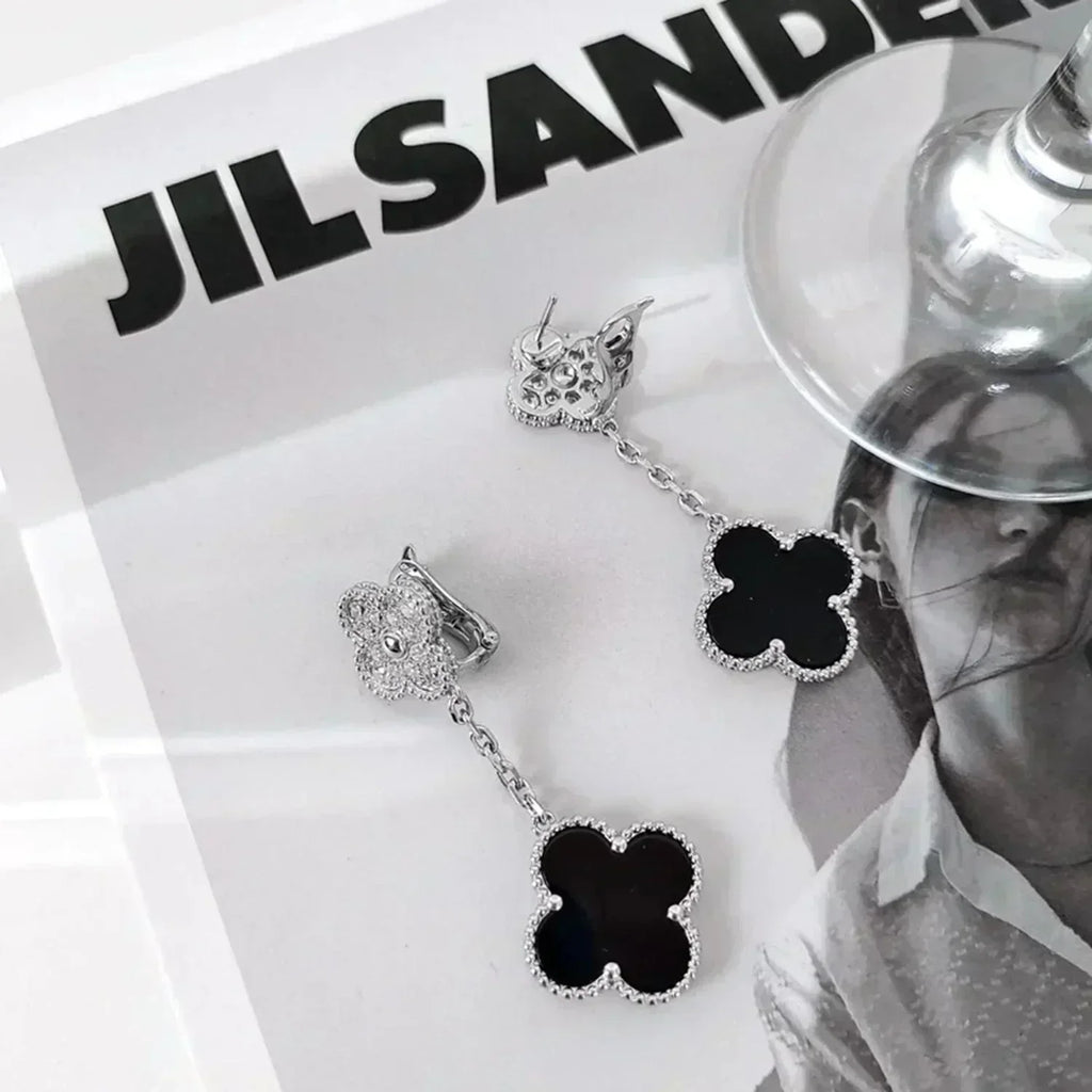 ¡®Imperial¡¯CLOVER 2 MOTIFS  DIAMOND ONYX EARRINGS SILVER