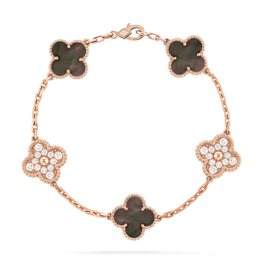 ¡®Imperial¡¯CLOVER 5 MOTIFS DARK MOP AND DIAMONDS PINK GOLD BRACELET