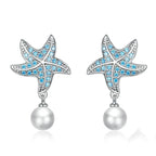 Ocean Blue Zircon Starfish Stud Earrings Shell Pearl Drop Earrings