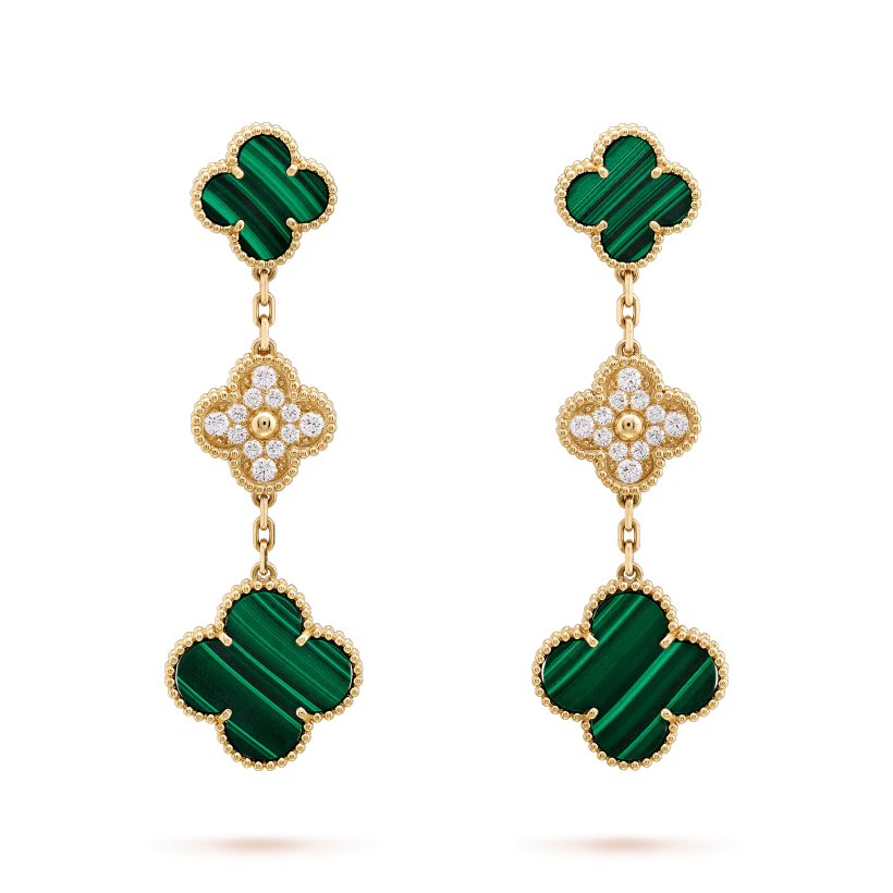 ¡®Imperial¡¯CLOVER EARRINGS GOLD MALACHITE DIAMOND 3 MOTIF
