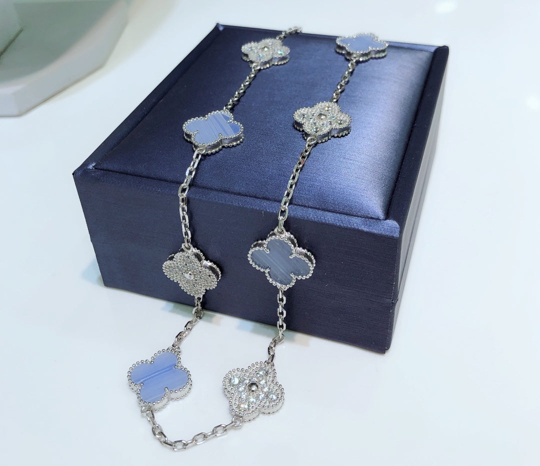 ¡®Imperial¡¯CLOVER 10 MOTIFS CHALCEDONY DIAMONDS SILVER NECKLACE